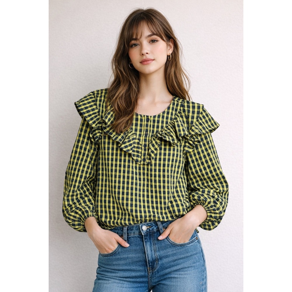 SUGARLIPS Yellow/Navy Plaid Ruffle Long Sleeve Blouse Women's Size S EUC